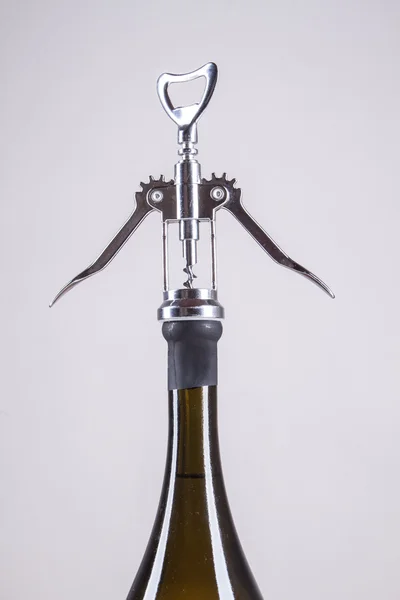 Bir şişe beyaz şarap ve şarap için tirbuşon — Stok fotoğraf