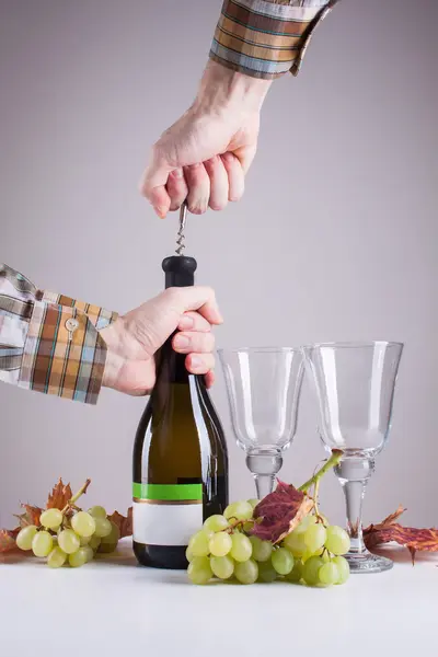 Bottle of white wine and a corkscrew for wine — Stock Photo, Image