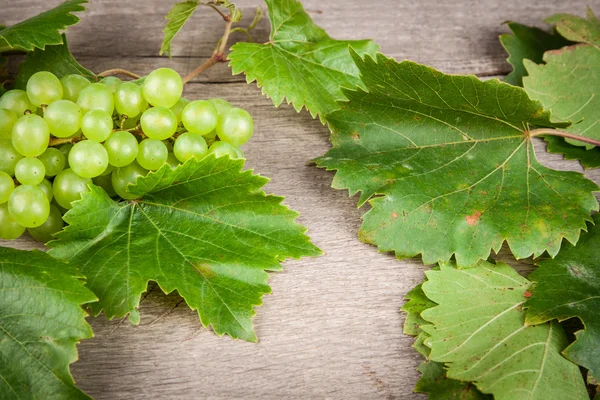 Winogrona, białe wino na drewnianym stole — Zdjęcie stockowe