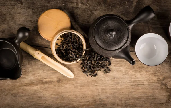 Preparation Green Loose Tea Traditional Japanese Ceramics — Stock Photo, Image