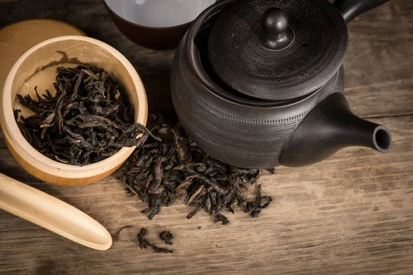 Preparation Green Loose Tea Traditional Japanese Ceramics — Stock Photo, Image