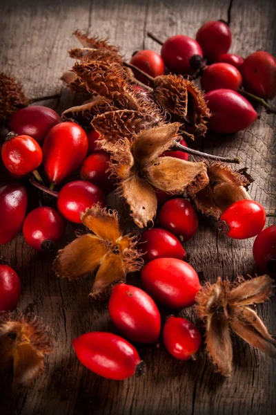 Dogrose con foglie su sfondo di legno — Foto Stock