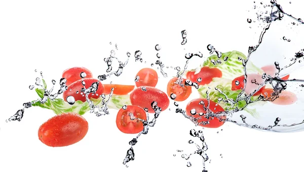 Салат с помидорами изолированы на белом фоне и брызг воды — стоковое фото