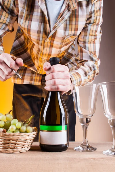 Bottle of white wine with a corkscrew — Stock Photo, Image