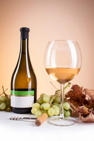 White wine in bottle and glass and a bunch of white grapes — Stock Photo, Image