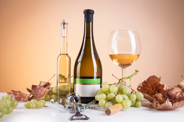 White wine in bottle and glass and a bunch of white grapes — Stock Photo, Image