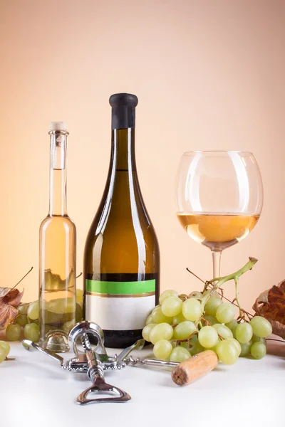 White wine in bottle and glass and a bunch of white grapes — Stock Photo, Image