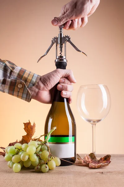 Bottle of white wine and grapes on a wooden table — Stock Photo, Image