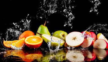 Pears, apples, orange  fruits and Splashing water clipart