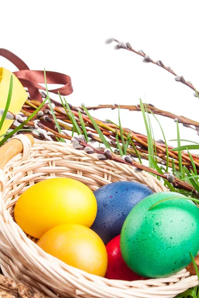 Easter basket with colored eggs — Stock Photo, Image