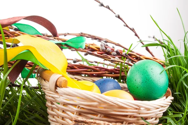 Easter basket with colored eggs — Stock Photo, Image