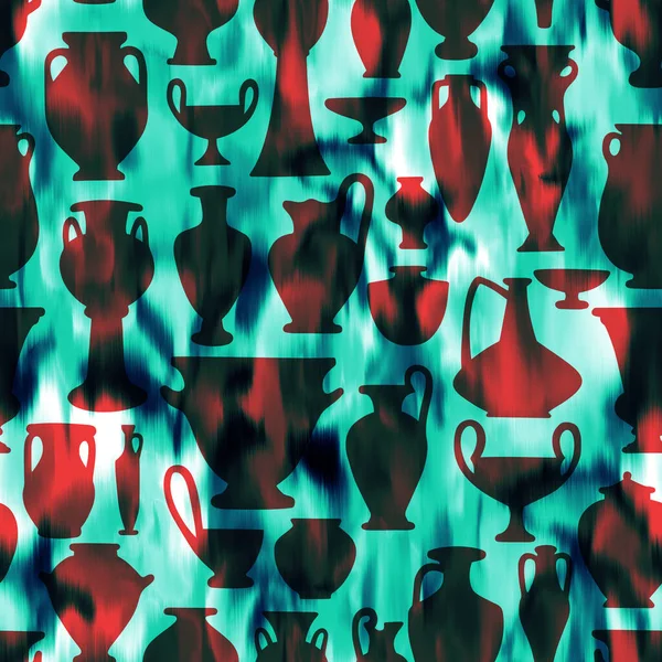 Seamless pattern with antique vases. Dish background. Greek and roman amphoras and vessels for food, wine, grain, oil and incense. Blurred defocused background.