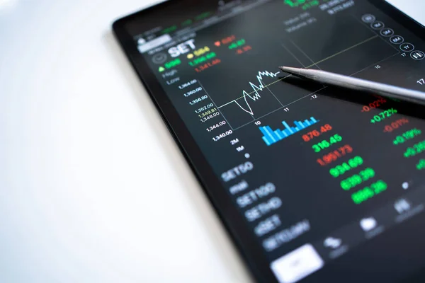 Pen points to the stock market trader\'s selling price, displayed as a graph on a tablet screen.