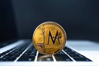 Dizüstü bilgisayarın klavyesindeki altın MCCOIN paralarını kapat.
