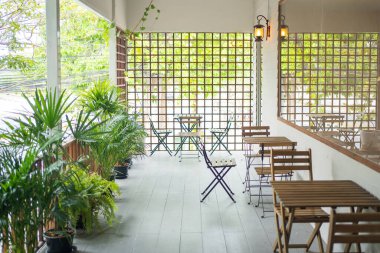 Binanın önünde hidrofonik tesisleri olan yeşil bir kafe..