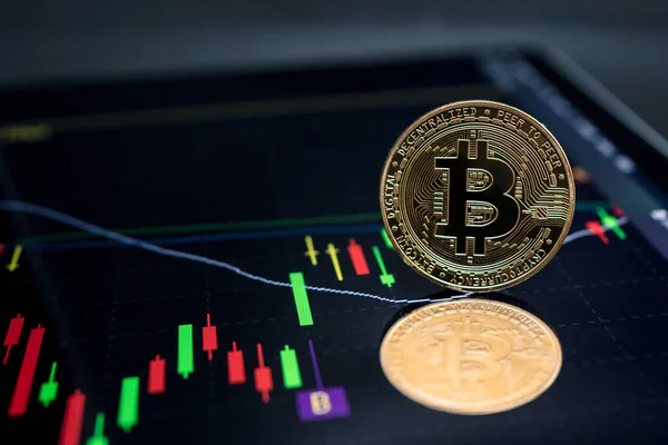 Bitcoin Moneda Con Concepto Blockchain Ordenador Portátil Gráficos Gráficos — Foto de Stock