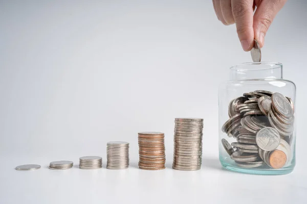 Hand Male Female Putting Coins Jar Money Stack Step Growing — Stock Photo, Image