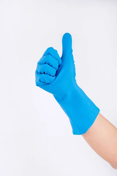 Mano Mostrando Pulgar Hacia Arriba Guante Lavado Azul — Foto de Stock