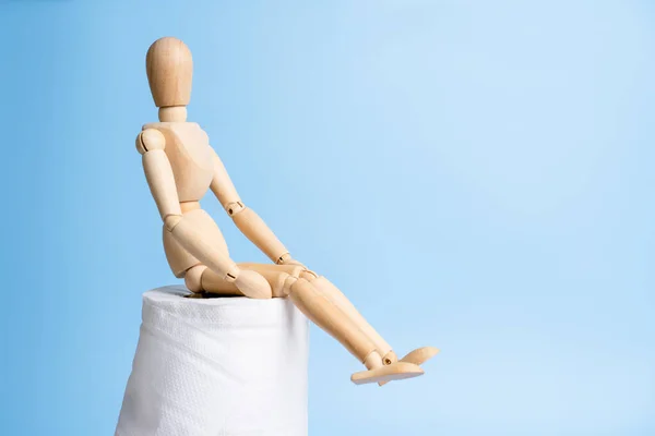 Sebuah Mainan Patung Kayu Duduk Atas Gulungan Tisu Toilet Dengan — Stok Foto