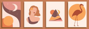 Soyut peyzaj poster koleksiyonu. Çağdaş resim baskı şablonları. Sosyal medyanız için doğa geçmişi. Eski yaz arka planında mayo giymiş soyut kadın şekilleri ve siluetleri. Flamingo ve güneş posteri.