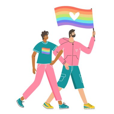 Bayrak taşıyan bir grup insan gösteriye katılıyor. Gurur yürüyüşündeki renkli vektör karakterleri. Gey, lezbiyen, lgbtq, biseksüel aktivistler. 