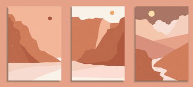 Soyut peyzaj poster koleksiyonu. Çağdaş resim baskı şablonları. Sosyal medyanız için doğa geçmişi. Güneş ve ay, deniz, dağlar, okyanus, nehir çuvalı.