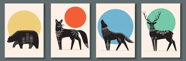 Hayvanların olduğu soyut poster koleksiyonu: Ayı, tilki, kurt, geyik. Çağdaş İskandinav sanat şablonları seti. Arka planda çiçek süsü ve geometrik şekilli mürekkep hayvanları.. 
