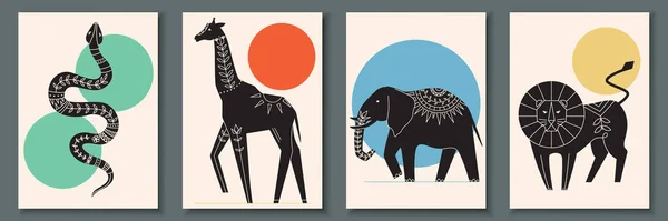 Abstract poster collection with animals and reptiles: snake, giraffe, elephant, lion. Set of contemporary scandinavian art print templates. Ink animals with floral ornament and geometrical shapes on the background.