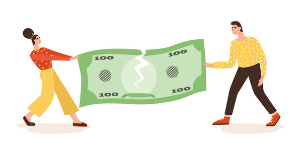 Man and woman sharing their money, clarifying their relationships, separation of property. Misunderstanding in family, divorce concept. Crisis in a relationship, break up. Vector Illustration in flat style.  