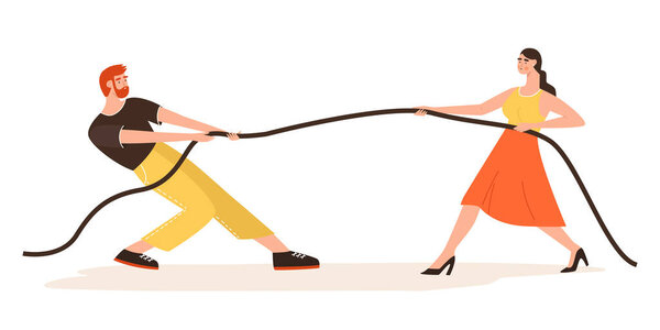 Man and woman tug-of-war and clarifying their relationships. Misunderstanding in family, divorce concept. Crisis in a relationship, break up. Vector Illustration in flat style.  