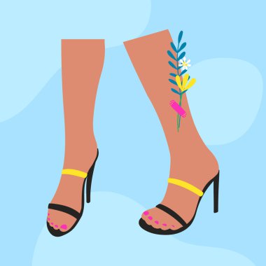 Yüksek topuklu giyen bir kadın. Şık ayakkabıları, sandaletleri, renkli çorapları, çiçekleri olan kadın bacakları. Renkli vektör çizimi. Modern yaz sokak tarzı ayak giyimi.