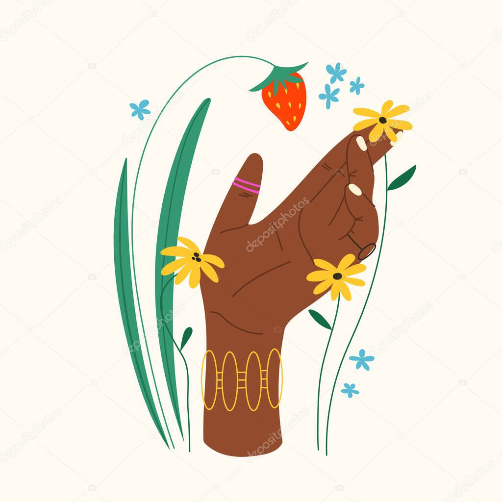 Hand drawn gesture with flowers and leaves. Trendy flat composition with hand holding strawberry. Isolated vector illustration for poster, card, T-short print, banner. Concept for manicure, skin care, nail care, spa.