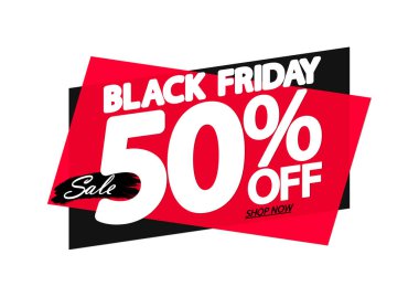 Kara Cuma indirimi% 50 'ye varan indirimler, pankart tasarımı, tasarım teklifi, sezon sonu, vektör illüstrasyonu