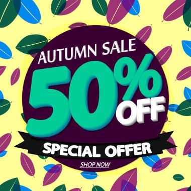 Sonbahar indirimi, poster tasarımı şablonu, harcamak ve biriktirmek, sonbahar özel teklifi, sezon sonu, vektör illüstrasyonu