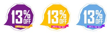 İndirim% 13 indirimli konuşma balonu pankartları, indirim etiketleri tasarım şablonu, tanıtım uygulaması simgeleri, vektör simgelerini ayarla 