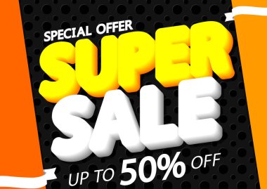 Süper Satış% 50 'ye varan indirimler, poster tasarımı şablonu, harcamak ve biriktirmek, özel teklif, sezon sonu, vektör illüstrasyonu