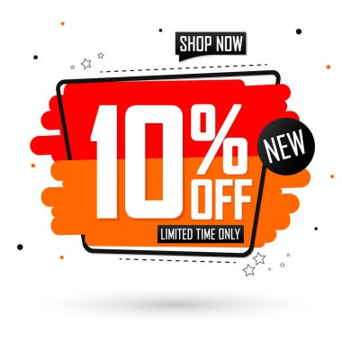 % 10 indirim, indirimli pankart tasarım şablonu, tanıtım etiketi, harcayın ve daha fazla tasarruf edin, vektör illüstrasyonu