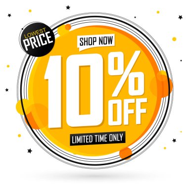 % 10 indirim, indirimli pankart tasarım şablonu, tanıtım etiketi, harcayın ve daha fazla tasarruf edin, vektör illüstrasyonu