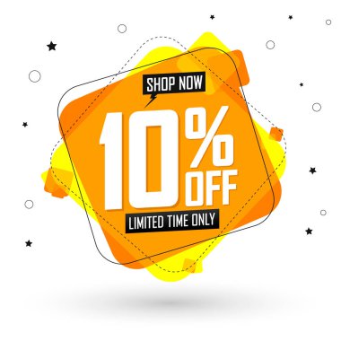 % 10 indirim, indirimli pankart tasarım şablonu, tanıtım etiketi, harcayın ve daha fazla tasarruf edin, vektör illüstrasyonu