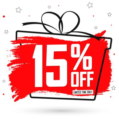 % 15 indirimli, indirimli pankart tasarım şablonu, tanıtım etiketi, harcayın ve daha fazla tasarruf edin, vektör illüstrasyonu