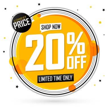 % 20 indirim, indirimli pankart tasarım şablonu, tanıtım etiketi, harcayın ve daha fazla tasarruf edin, vektör illüstrasyonu