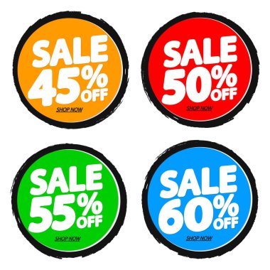 İndirim pankartları tasarım şablonu, indirim etiketleri, uygulama simgeleri, vektör illüstrasyonunu ayarla