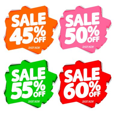 İndirim pankartları tasarım şablonu, indirim etiketleri, uygulama simgeleri, vektör illüstrasyonunu ayarla