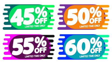 İndirim pankartları tasarım şablonu, indirim etiketleri, uygulama simgeleri, vektör illüstrasyonunu ayarla