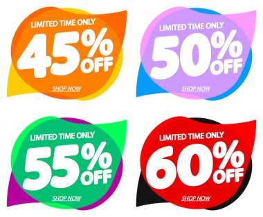 İndirim pankartları tasarım şablonu, indirim etiketleri, uygulama simgeleri, vektör illüstrasyonunu ayarla