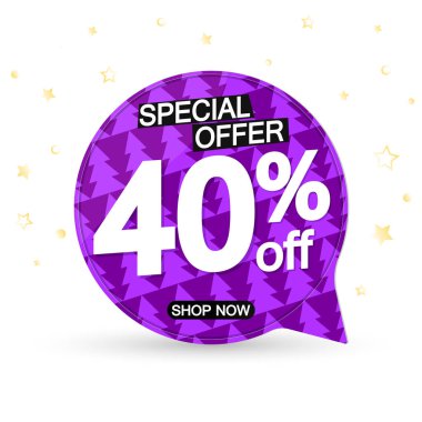 Noel indirimi% 40 indirimli, afiş tasarım şablonu, indirim etiketi, harcayın ve daha fazla biriktirin, özel teklif, büyük anlaşma, düşük fiyat, promosyon afişi, vektör ilüstrasyonu
