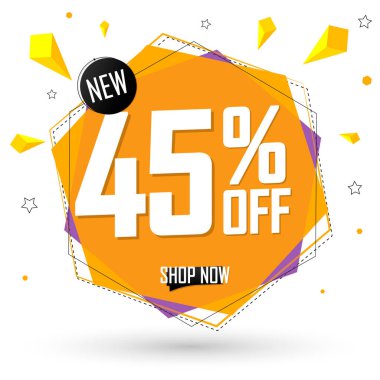 % 45 indirim, pankart tasarım şablonu, indirim etiketi, harcamak ve biriktirmek, özel teklif, büyük anlaşma, düşük fiyat, promosyon afişi, vektör ilüstrasyonu