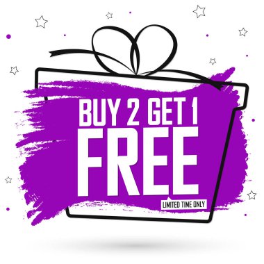 Buy 2 Get 1 Free, special offer, Sale banner design template, discount tag, end of season, app icon, vector illustration