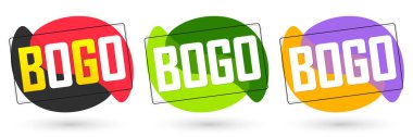 BOGO etiketlerini, satış balonu pankartlarını tasarım şablonunu, indirim rozet koleksiyonunu, vektör illüstrasyonunu ayarla