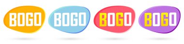 BOGO etiketlerini, satış balonu pankartlarını tasarım şablonunu, indirim rozet koleksiyonunu, vektör illüstrasyonunu ayarla